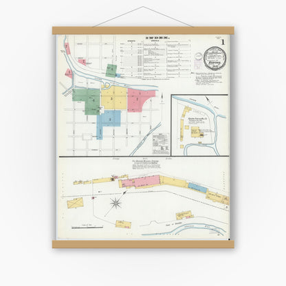 Old map wall art mockup — magnetic wood frame on white wall — Sanborn Fire Insurance Map from Bedford, Bedford County, Pennsylvania (1901), Sheet #0001