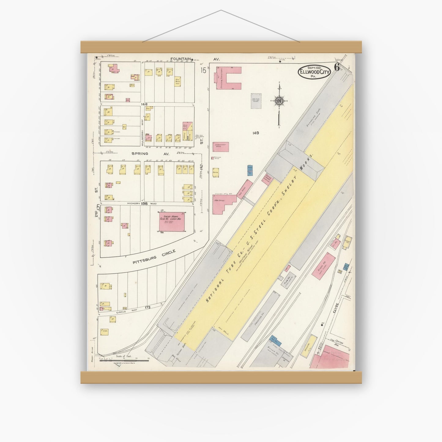 Old map wall art mockup — magnetic wood frame on white wall — Sanborn Fire Insurance Map from Ellwood City, Lawrence County, Pennsylvania (1921), Sheet #0006