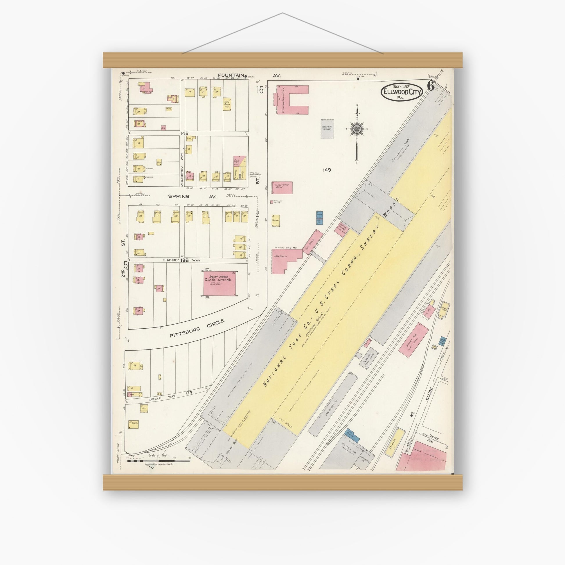 Old map wall art mockup — magnetic wood frame on white wall — Sanborn Fire Insurance Map from Ellwood City, Lawrence County, Pennsylvania (1921), Sheet #0006
