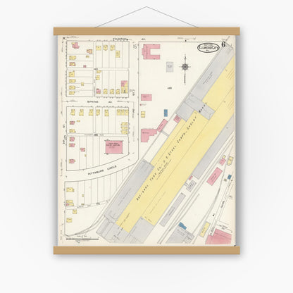 Old map wall art mockup — magnetic wood frame on white wall — Sanborn Fire Insurance Map from Ellwood City, Lawrence County, Pennsylvania (1921), Sheet #0006