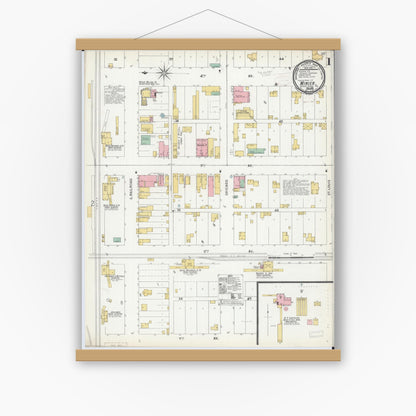 Old map wall art mockup — magnetic wood frame on white wall — Sanborn Fire Insurance Map from Minier, Tazewell County, Illinois (1899), Sheet #0001