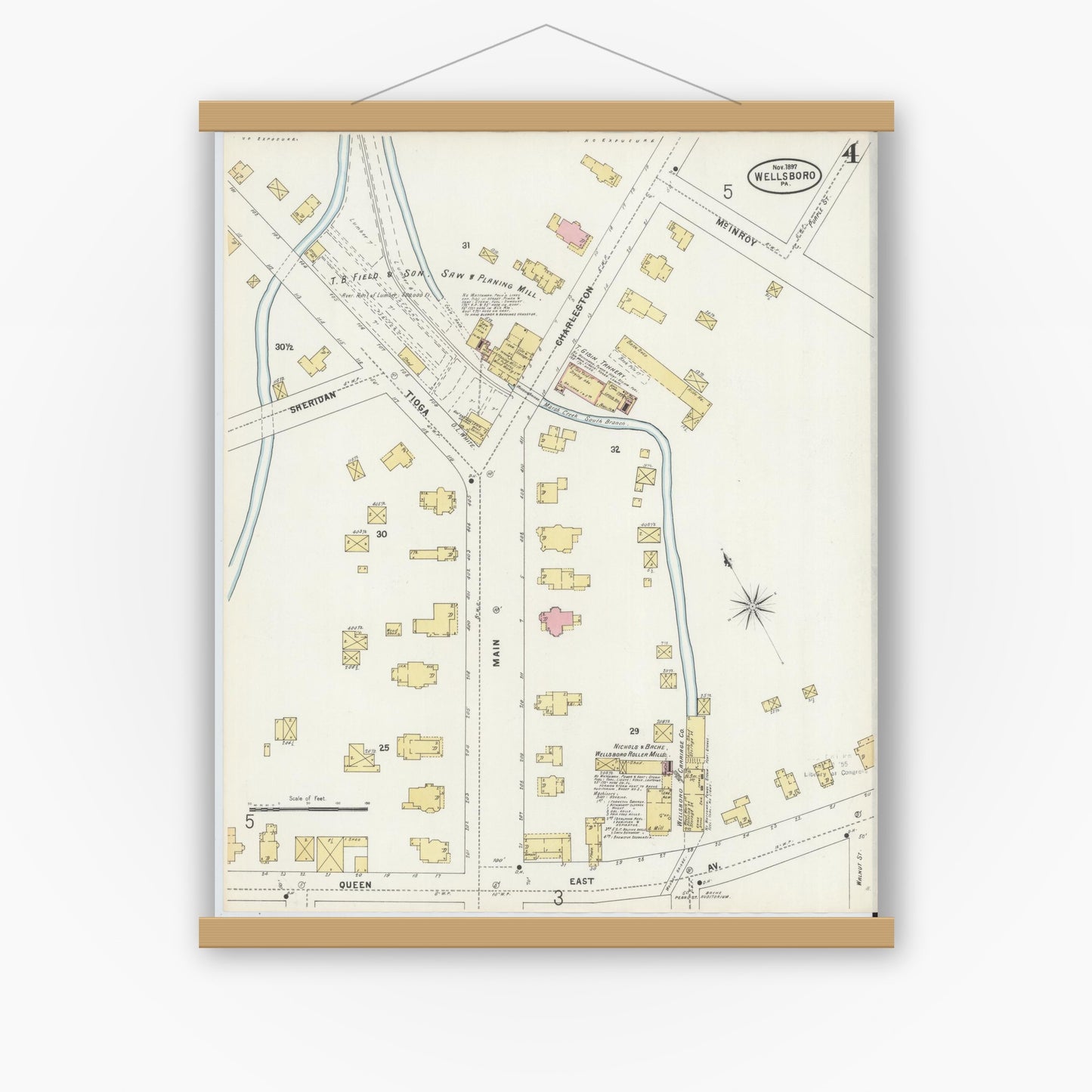 Old map wall art mockup — magnetic wood frame on white wall — Sanborn Fire Insurance Map from Wellsboro, Tioga County, Pennsylvania (1897), Sheet #0004