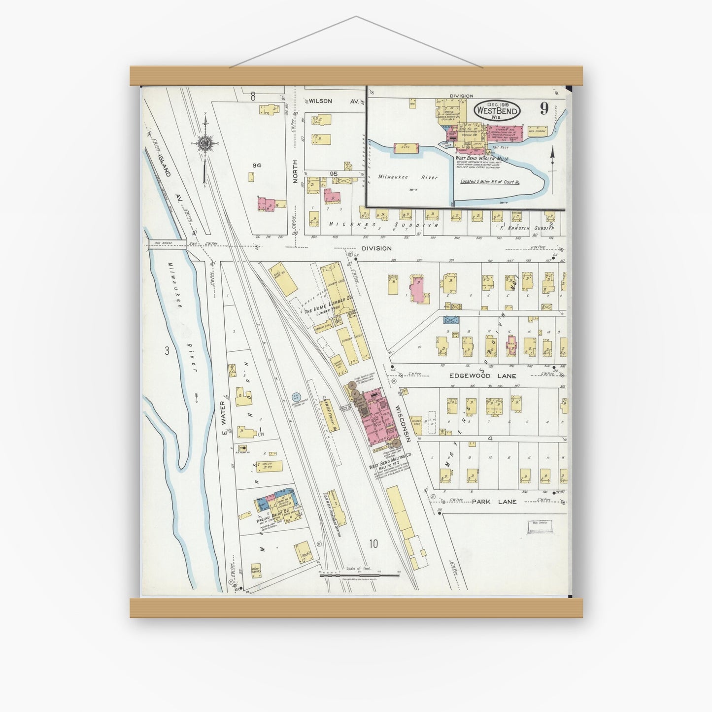 Old map wall art mockup — magnetic wood frame on white wall — Sanborn Fire Insurance Map from West Bend, Washington County, Wisconsin (1919), Sheet #0009