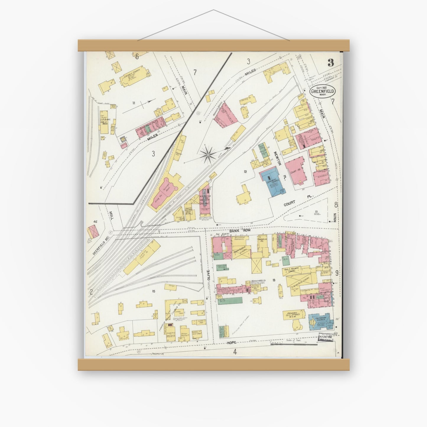 Old map wall art mockup — magnetic wood frame on white wall — Sanborn Fire Insurance Map from Greenfield, Franklin County, Massachusetts (1902), Sheet #0003