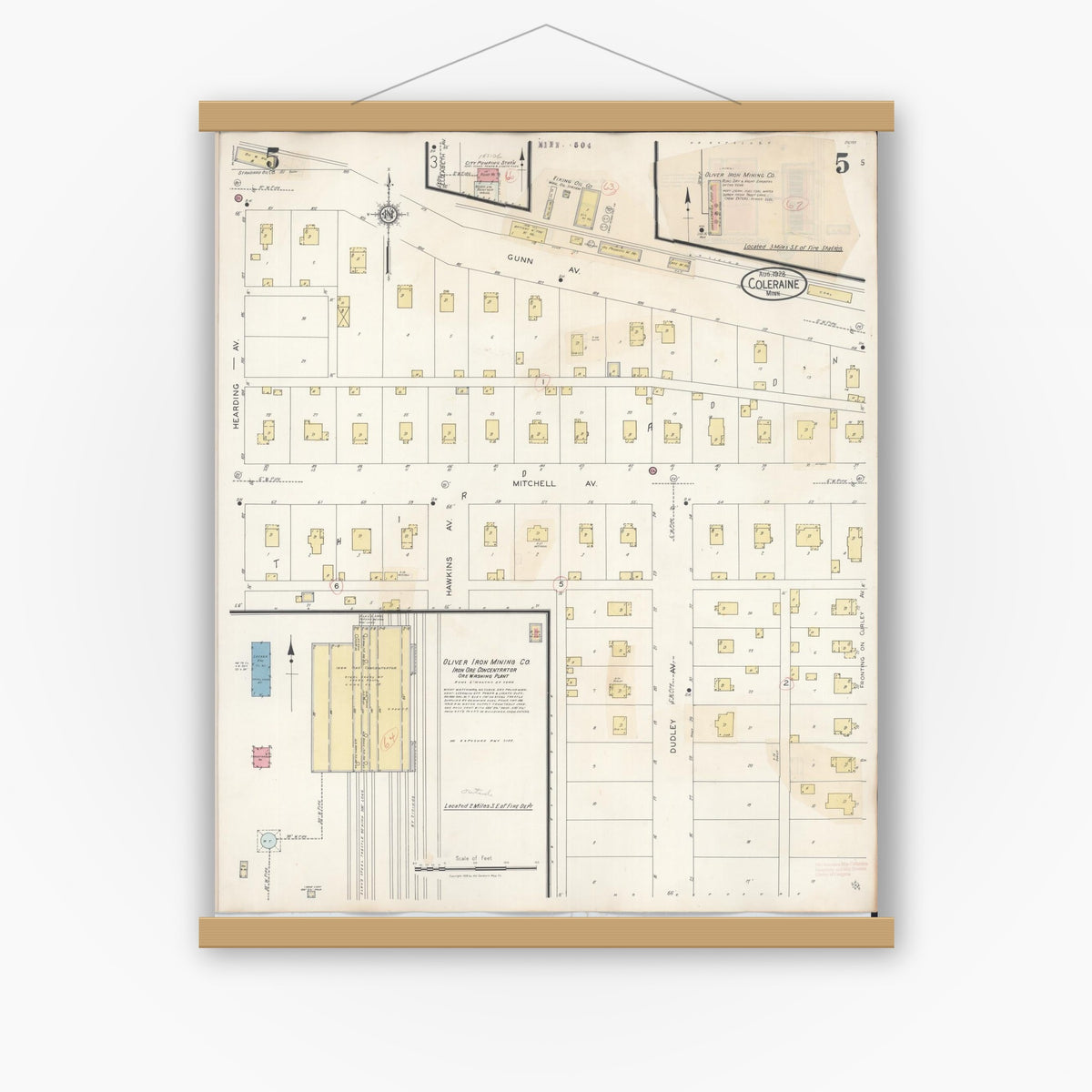 Old map wall art mockup — magnetic wood frame on white wall — Sanborn Fire Insurance Map from Coleraine, Itasca County, Minnesota (1944), Sheet #0005