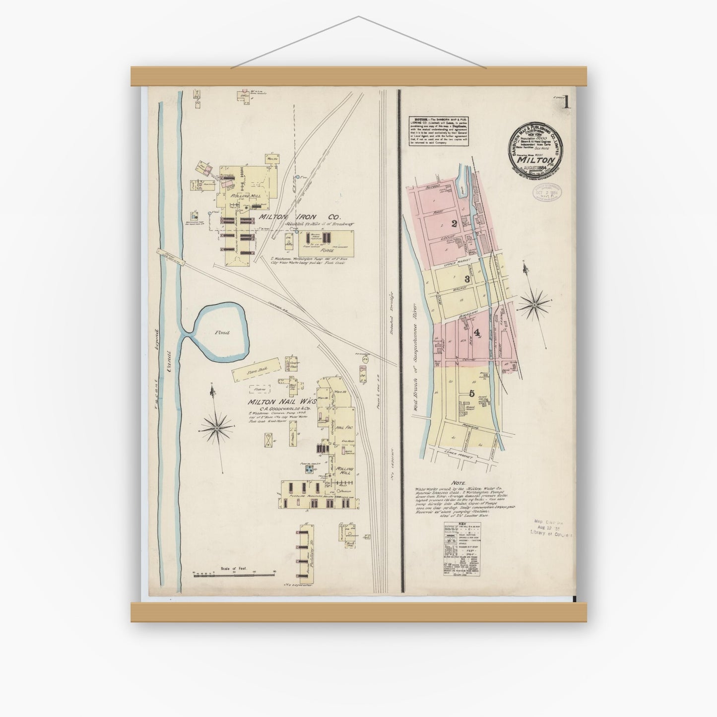 Old map wall art mockup — magnetic wood frame on white wall — Sanborn Fire Insurance Map from Milton, Northumberland County, Pennsylvania (1884), Sheet #0001
