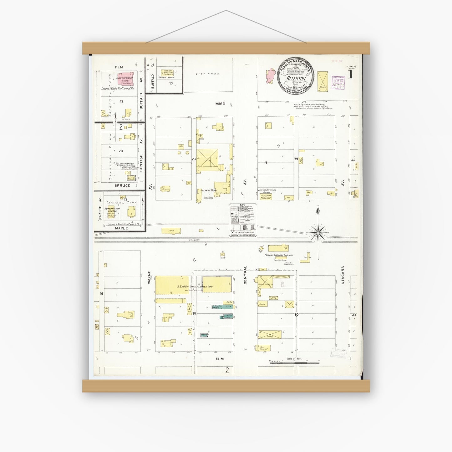 Old map wall art mockup — magnetic wood frame on white wall — Sanborn Fire Insurance Map from Allerton, Wayne County, Iowa (1907), Sheet #0001