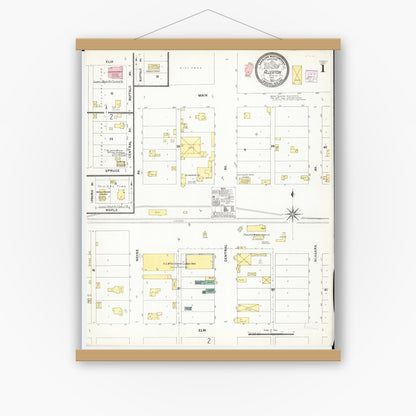Old map wall art mockup — magnetic wood frame on white wall — Sanborn Fire Insurance Map from Allerton, Wayne County, Iowa (1907), Sheet #0001