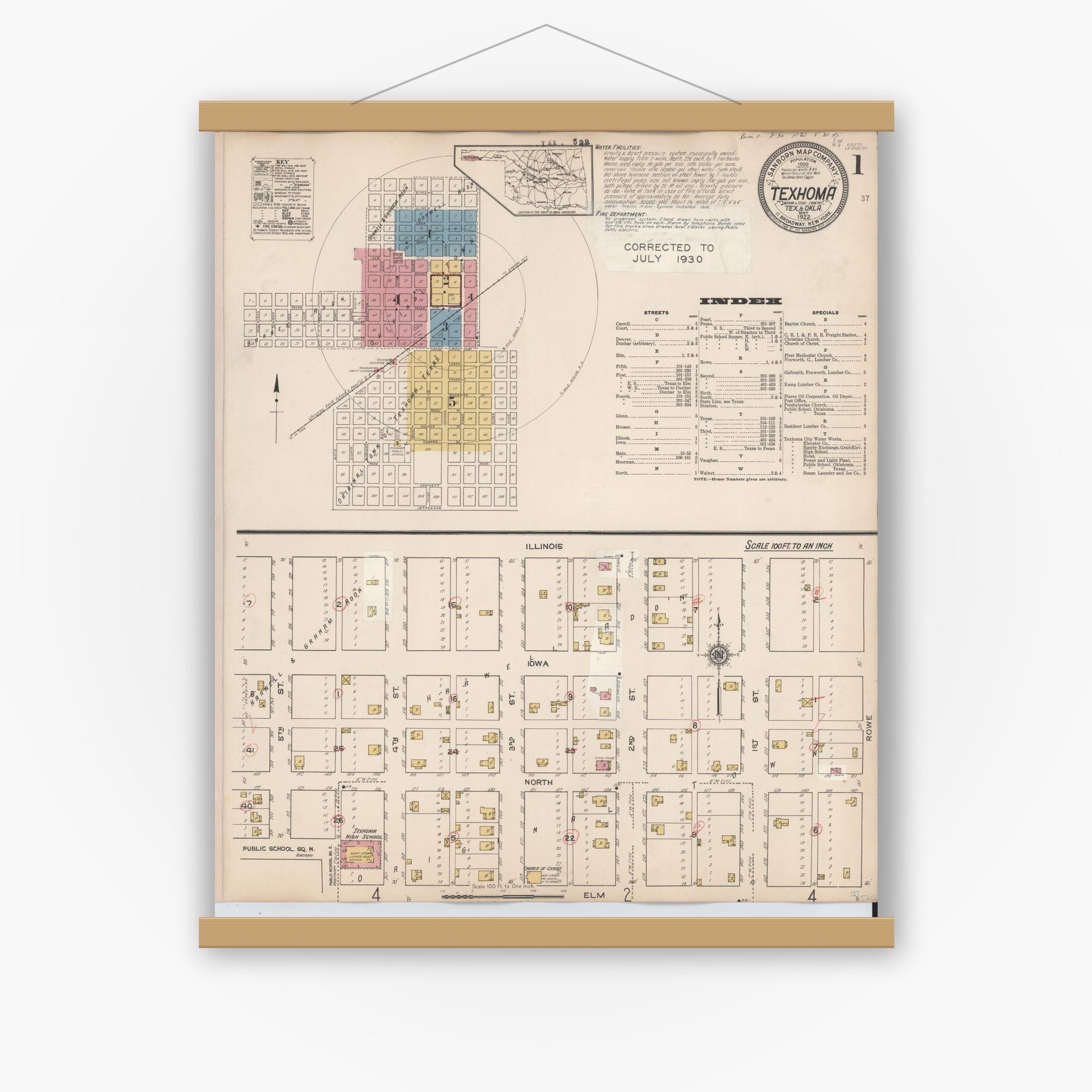 Old map wall art mockup — magnetic wood frame on white wall — Sanborn Fire Insurance Map from Texhoma, Texas County, Oklahoma and Sherman County, Texas, Texas (1930) - Complete Map Set