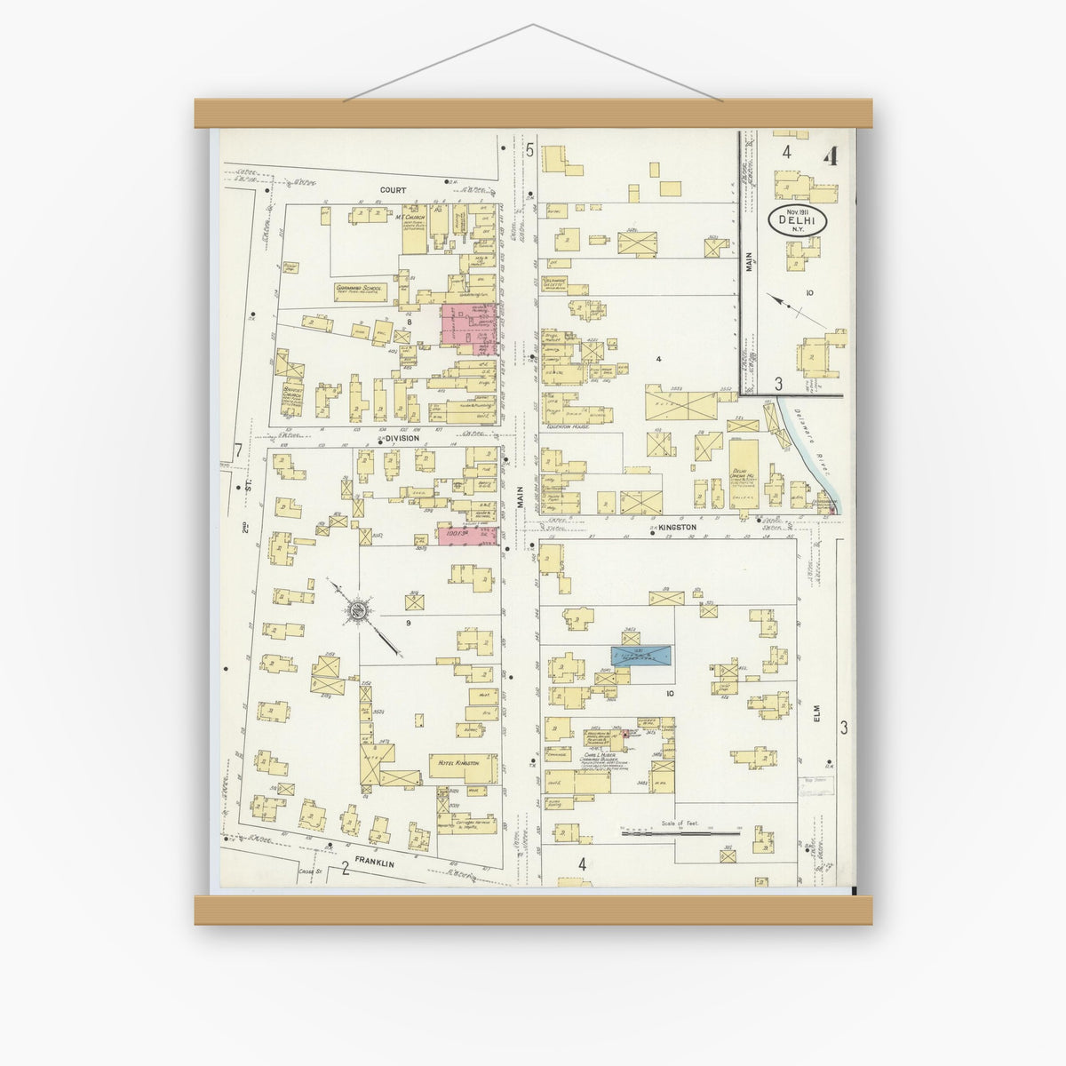 Old map wall art mockup — magnetic wood frame on white wall — Sanborn Fire Insurance Map from Delhi, Delaware County, New York (1911), Sheet #0004