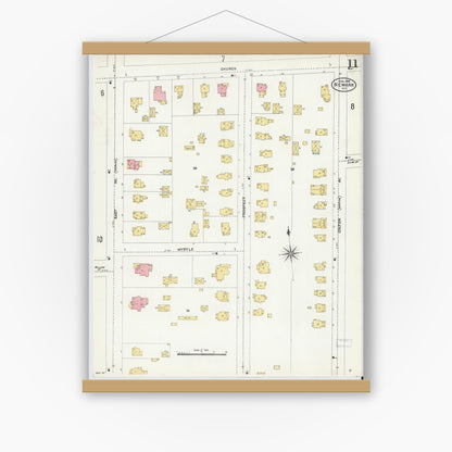 Old map wall art mockup — magnetic wood frame on white wall — Sanborn Fire Insurance Map from Newark, Wayne County, New York (1906), Sheet #0011