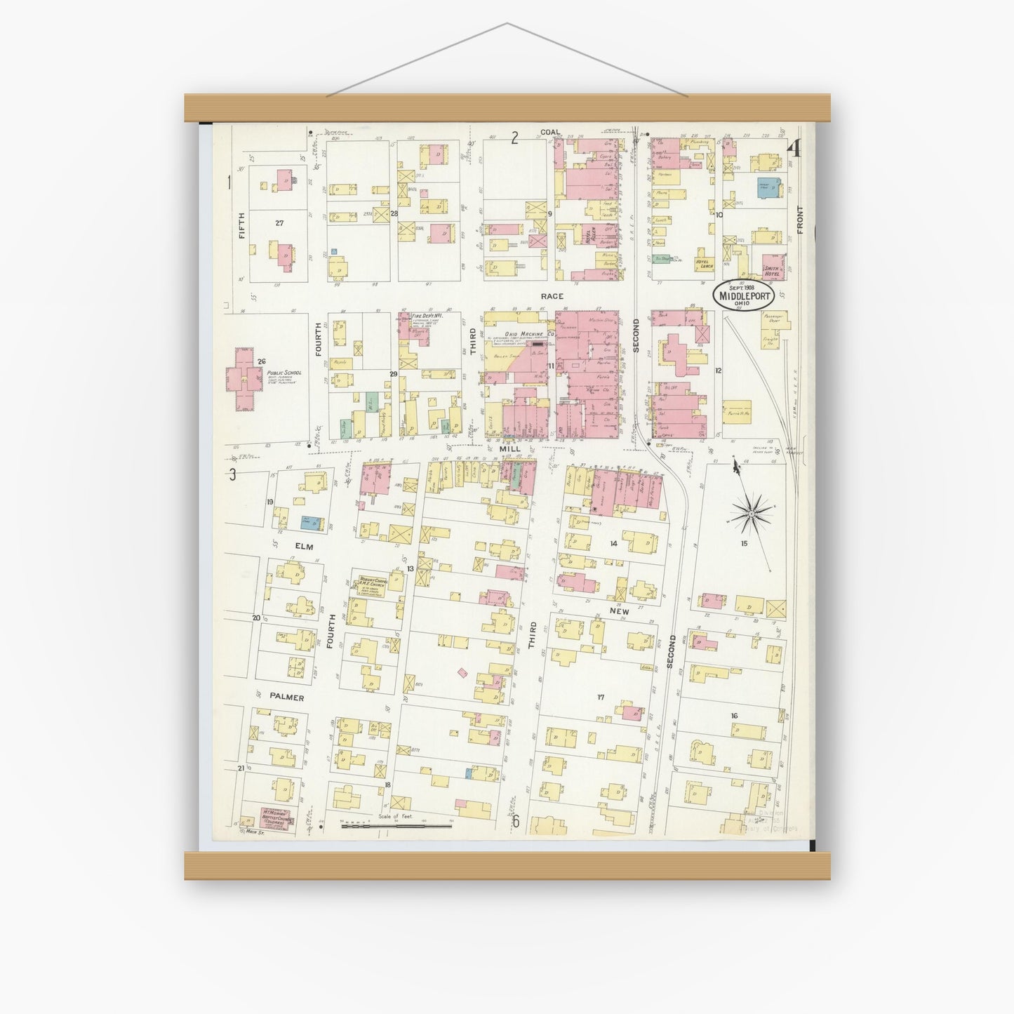 Old map wall art mockup — magnetic wood frame on white wall — Sanborn Fire Insurance Map from Middleport, Meigs County, Ohio (1908), Sheet #0004