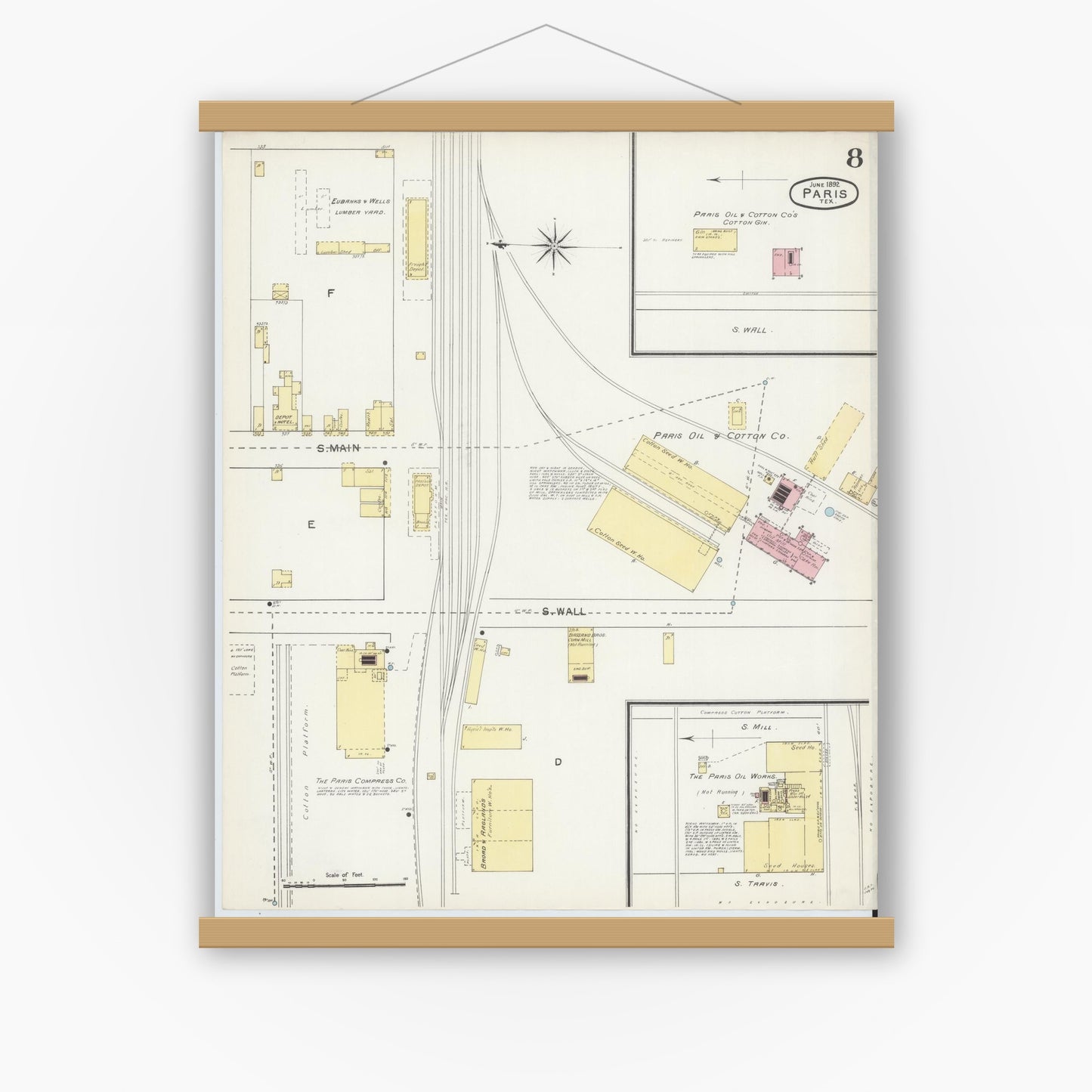Old map wall art mockup — magnetic wood frame on white wall — Sanborn Fire Insurance Map from Paris, Lamar County, Texas (1892), Sheet #0008