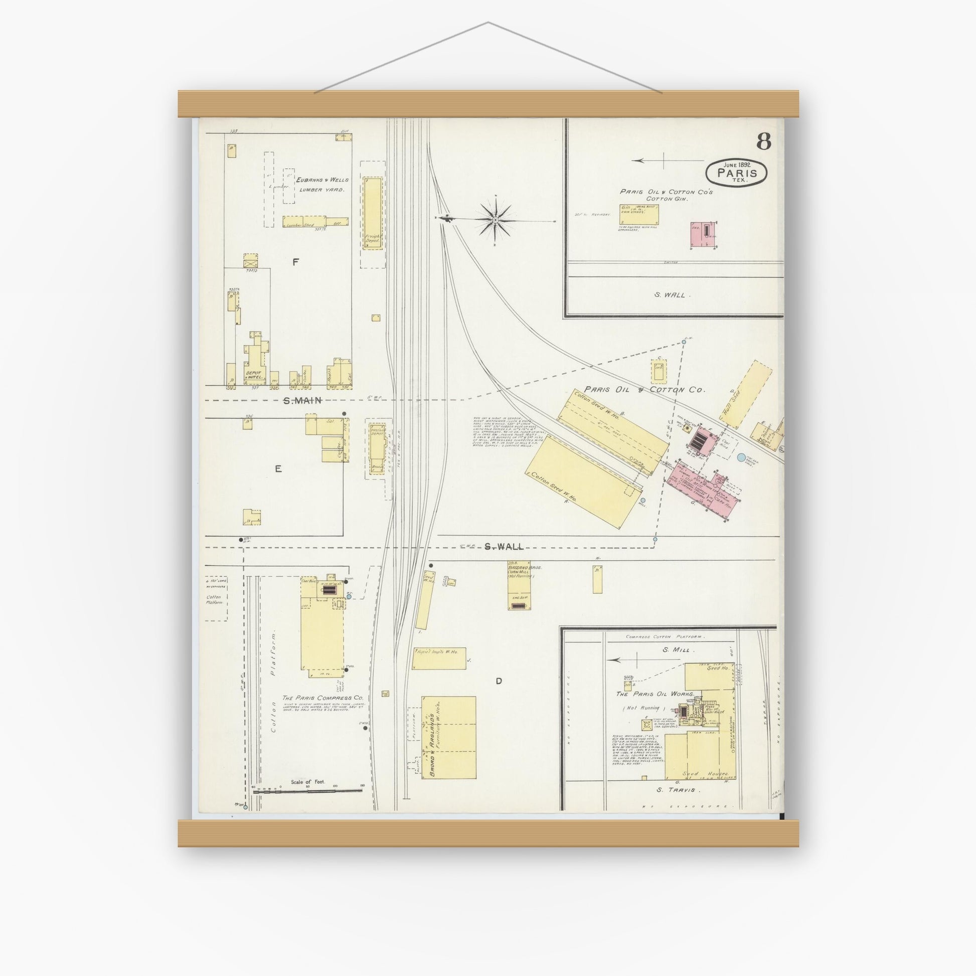 Old map wall art mockup — magnetic wood frame on white wall — Sanborn Fire Insurance Map from Paris, Lamar County, Texas (1892), Sheet #0008