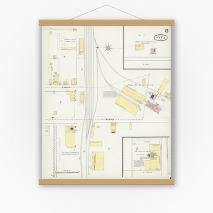 Old map wall art mockup — magnetic wood frame on white wall — Sanborn Fire Insurance Map from Paris, Lamar County, Texas (1892), Sheet #0008