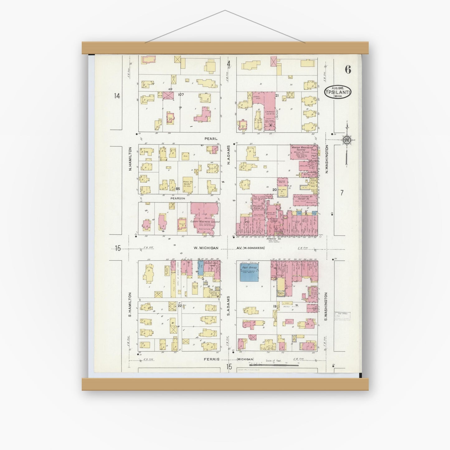 Old map wall art mockup — magnetic wood frame on white wall — Sanborn Fire Insurance Map from Ypsilanti, Washtenaw County, Michigan (1916), Sheet #0006