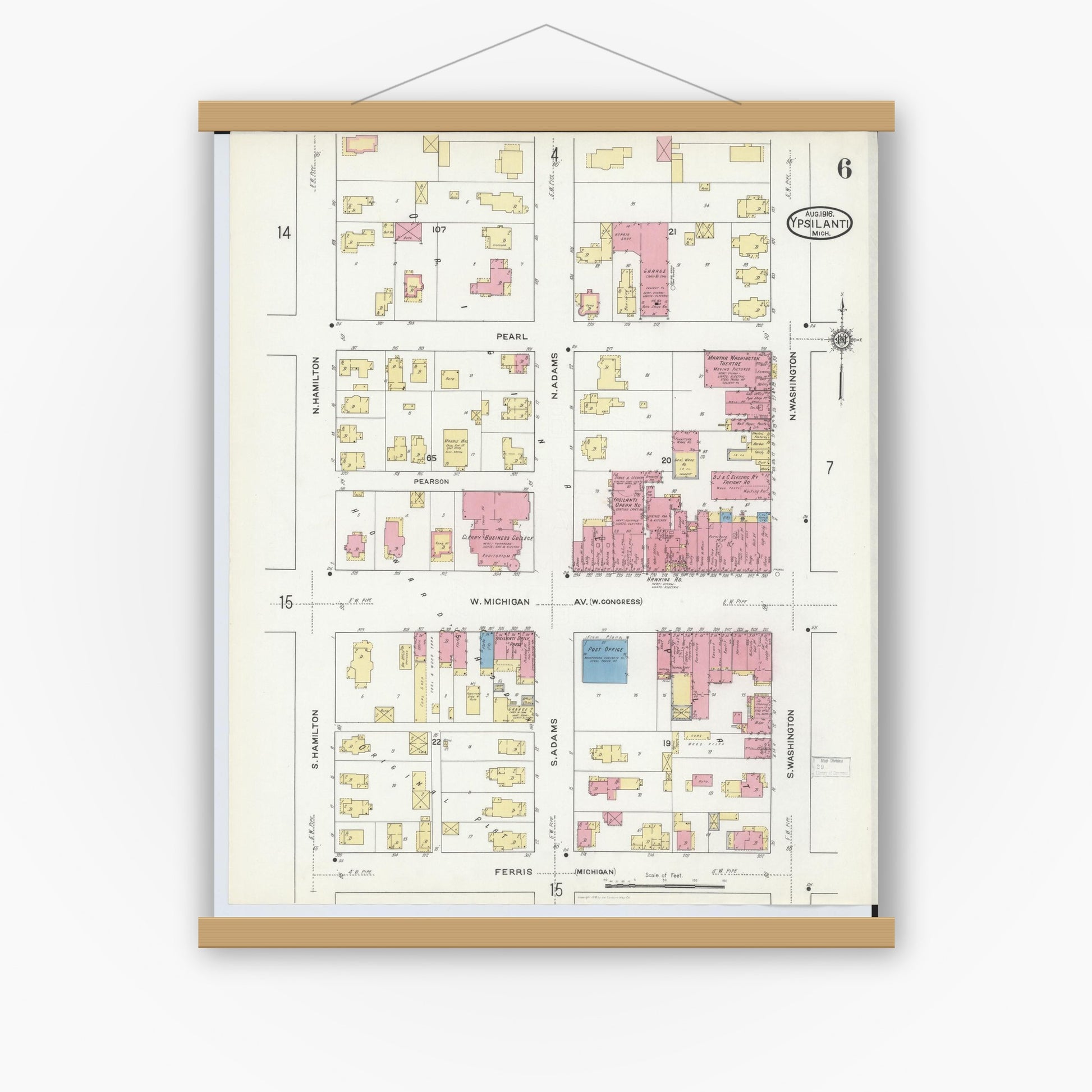 Old map wall art mockup — magnetic wood frame on white wall — Sanborn Fire Insurance Map from Ypsilanti, Washtenaw County, Michigan (1916), Sheet #0006