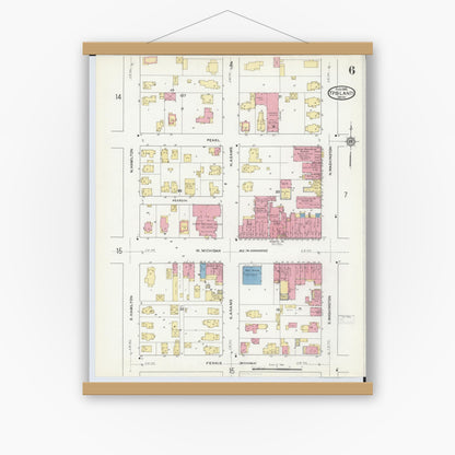 Old map wall art mockup — magnetic wood frame on white wall — Sanborn Fire Insurance Map from Ypsilanti, Washtenaw County, Michigan (1916), Sheet #0006