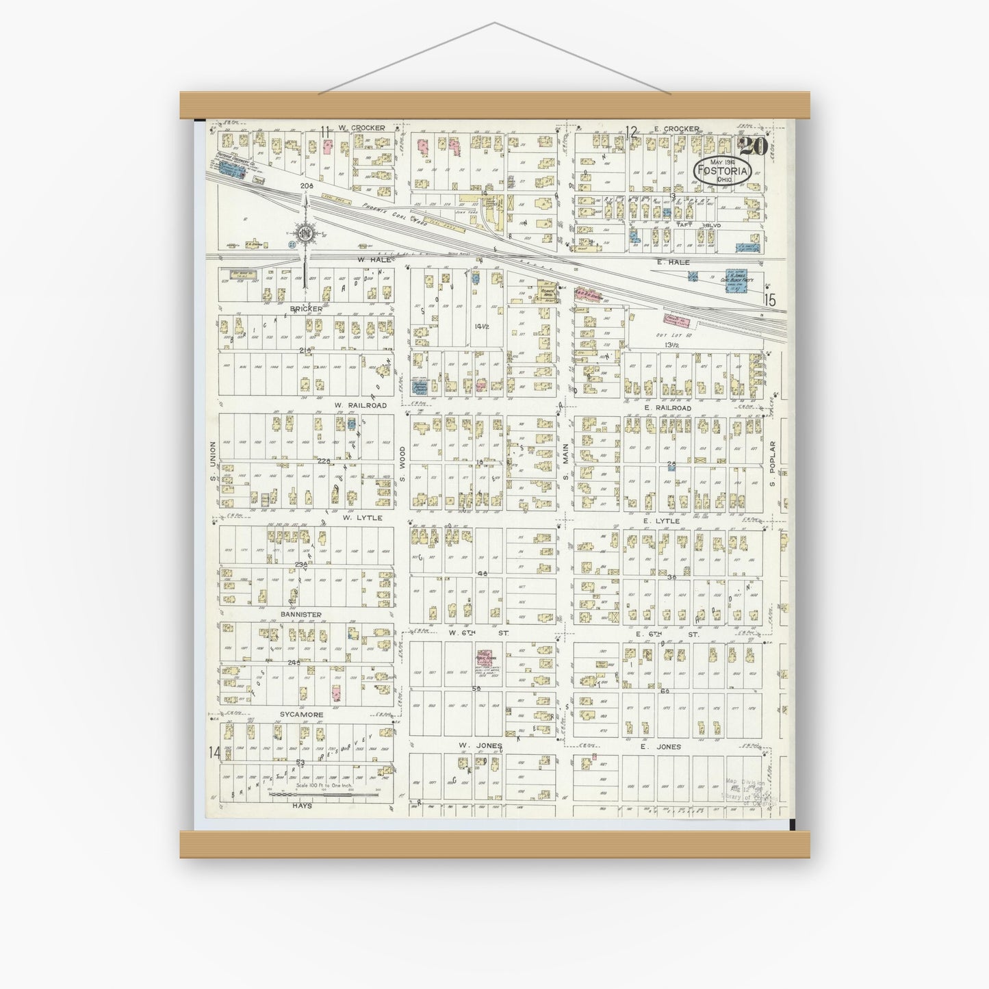 Old map wall art mockup — magnetic wood frame on white wall — Sanborn Fire Insurance Map from Fostoria, Seneca, Hancock, And Wood Counties, Ohio (1914), Sheet #0020