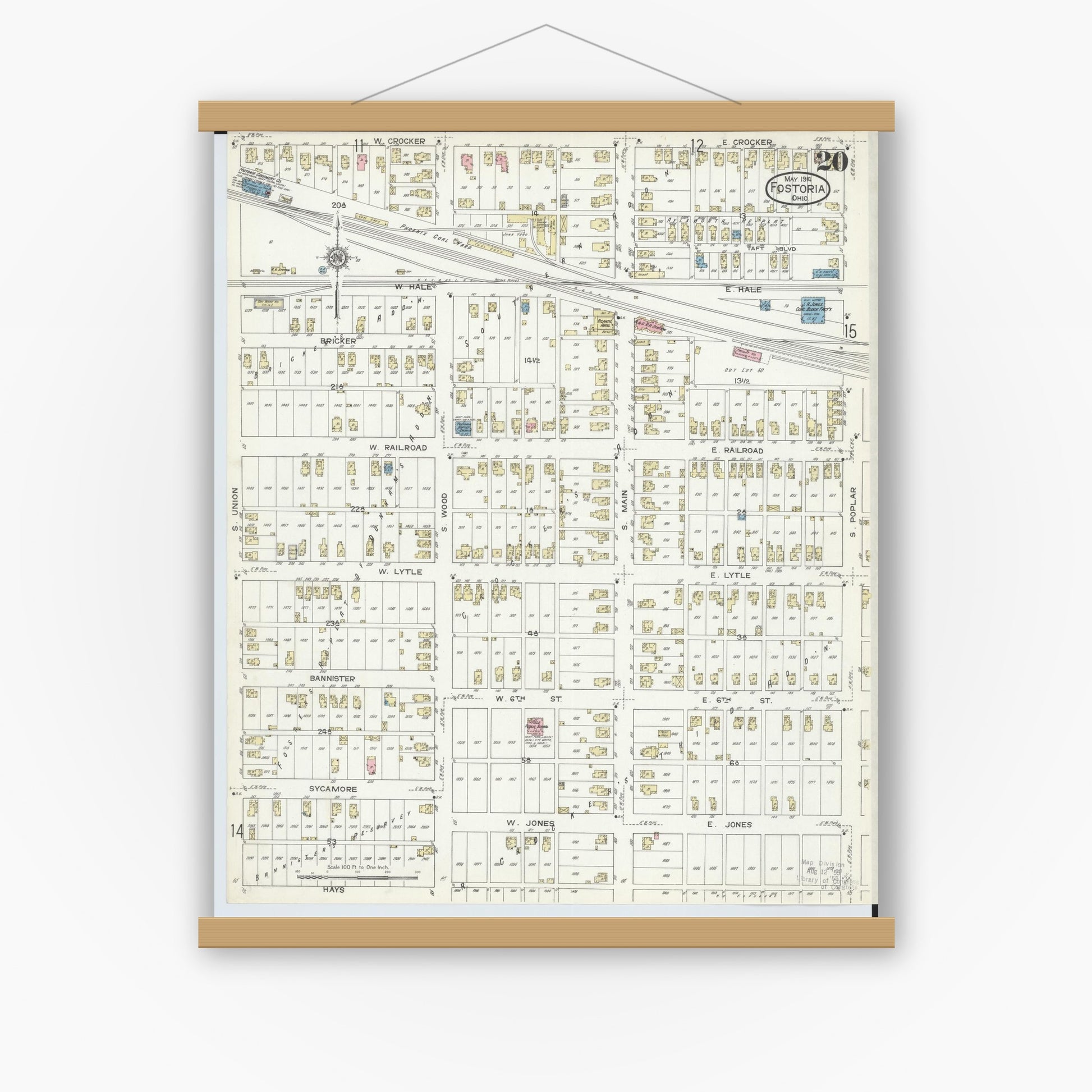 Old map wall art mockup — magnetic wood frame on white wall — Sanborn Fire Insurance Map from Fostoria, Seneca, Hancock, And Wood Counties, Ohio (1914), Sheet #0020
