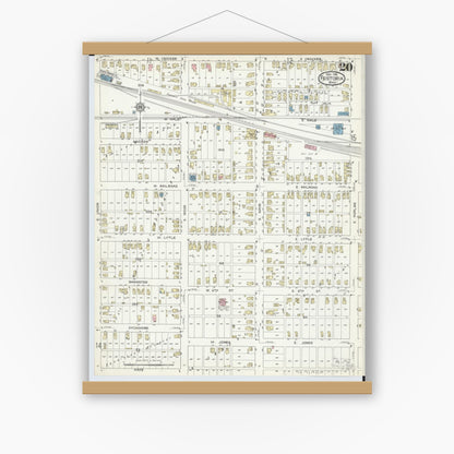 Old map wall art mockup — magnetic wood frame on white wall — Sanborn Fire Insurance Map from Fostoria, Seneca, Hancock, And Wood Counties, Ohio (1914), Sheet #0020