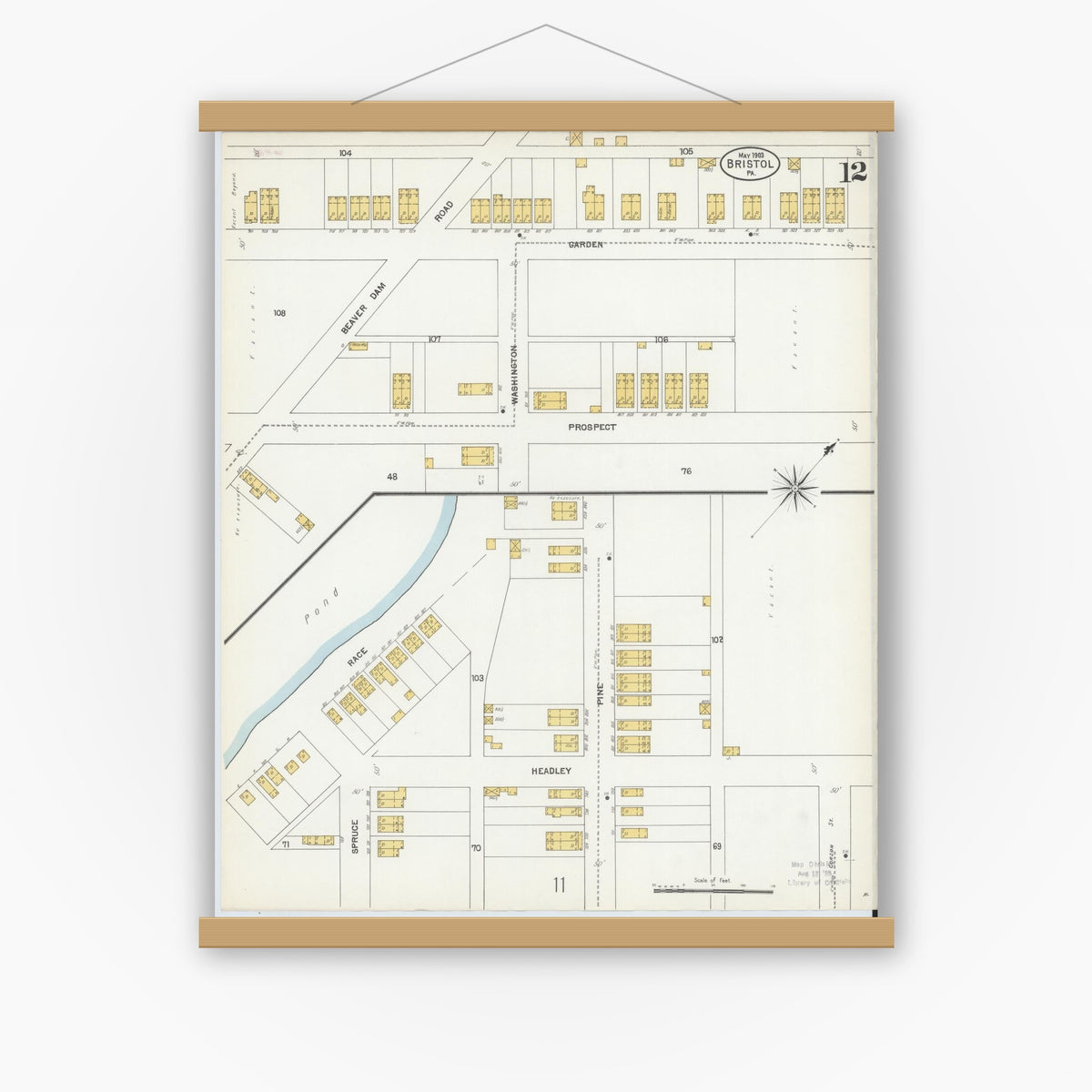 Old map wall art mockup — magnetic wood frame on white wall — Sanborn Fire Insurance Map from Bristol, Bucks County, Pennsylvania (1903), Sheet #0012