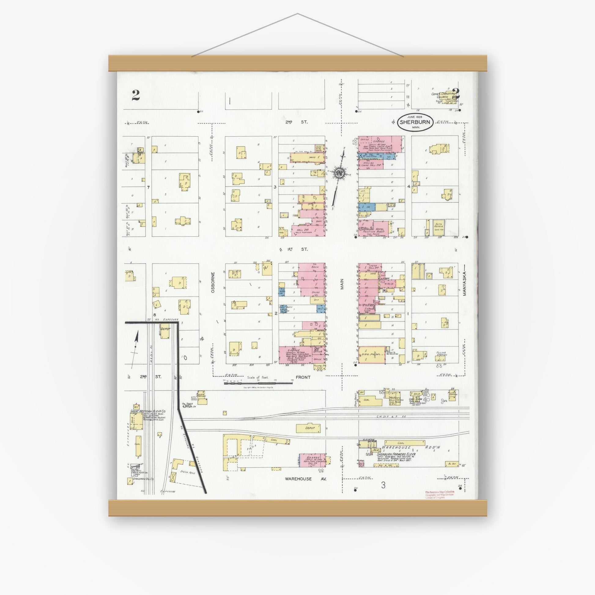 Old map wall art mockup — magnetic wood frame on white wall — Sanborn Fire Insurance Map from Sherburn, Martin County, Minnesota (1928), Sheet #0002