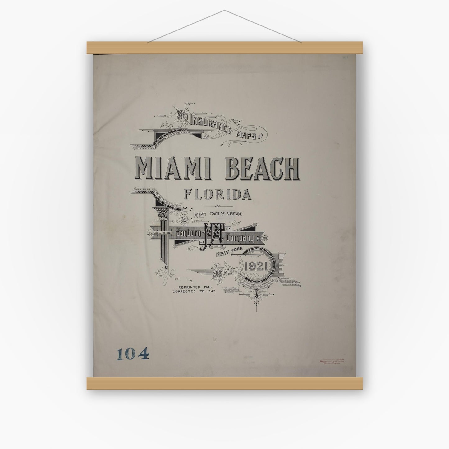 Old map wall art mockup — magnetic wood frame on white wall — Sanborn Fire Insurance Map from Miami Beach, Dade County, Florida (1948), Sheet #0001