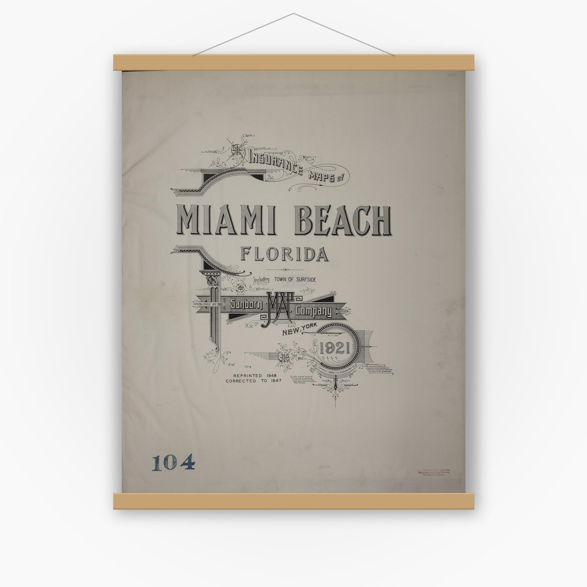 Old map wall art mockup — magnetic wood frame on white wall — Sanborn Fire Insurance Map from Miami Beach, Dade County, Florida (1948), Sheet #0001