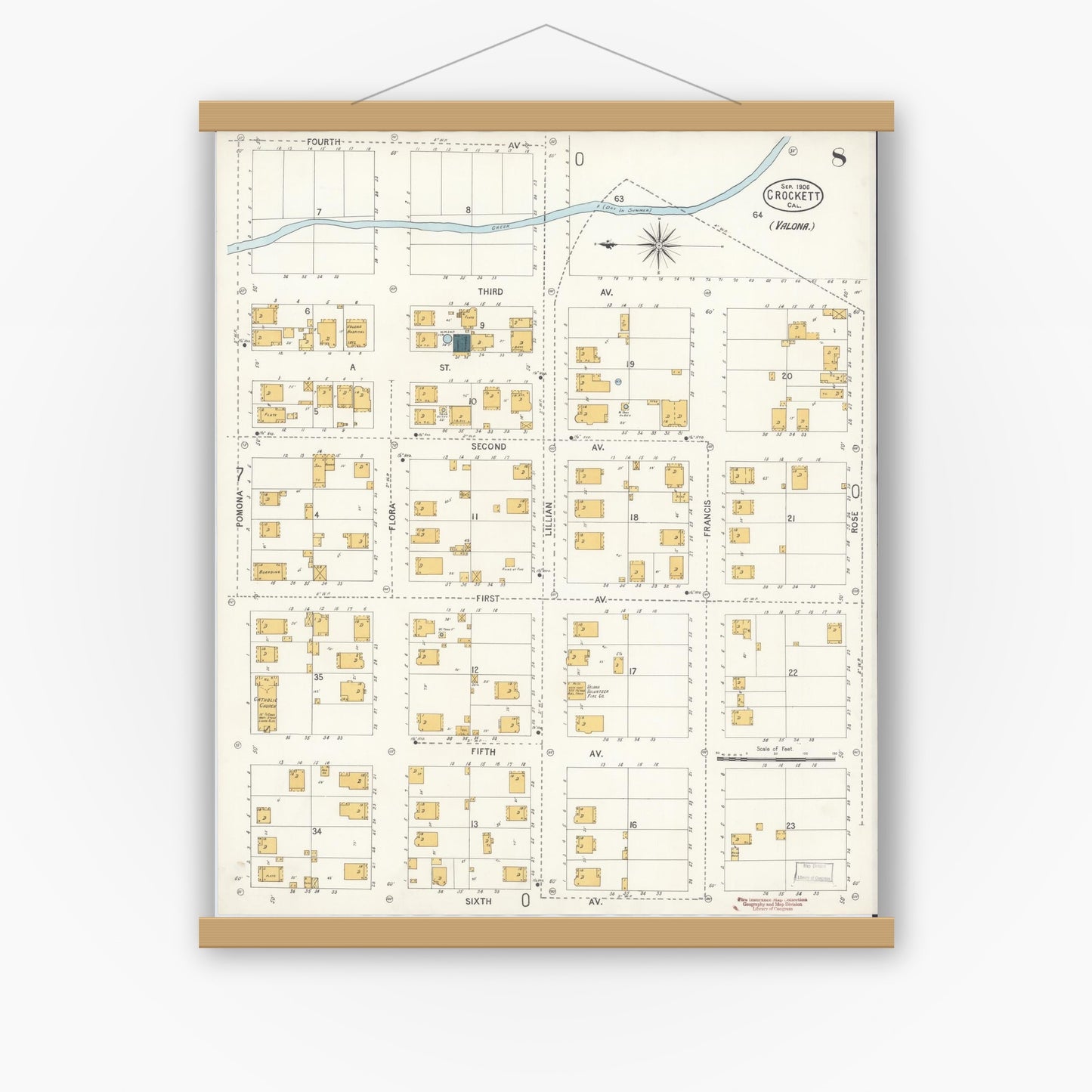 Old map wall art mockup — magnetic wood frame on white wall — Sanborn Fire Insurance Map from Crockett, Contra Costa County, California (1906), Sheet #0008