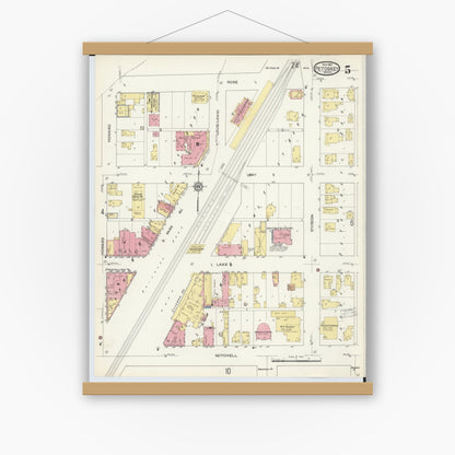 Old map wall art mockup — magnetic wood frame on white wall — Sanborn Fire Insurance Map from Petoskey, Emmet County, Michigan (1913), Sheet #0005