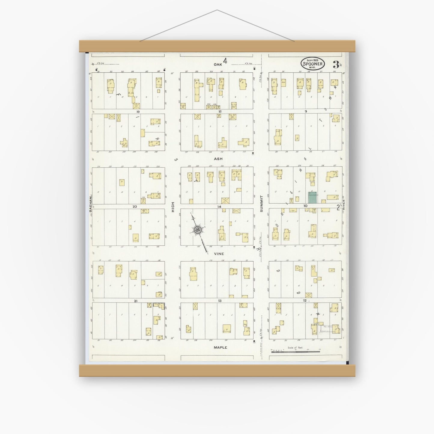 Old map wall art mockup — magnetic wood frame on white wall — Sanborn Fire Insurance Map from Spooner, Washburn County, Wisconsin (1909), Sheet #0003