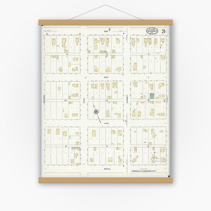 Old map wall art mockup — magnetic wood frame on white wall — Sanborn Fire Insurance Map from Spooner, Washburn County, Wisconsin (1909), Sheet #0003