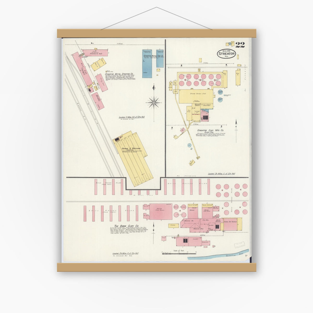 Old map wall art mockup — magnetic wood frame on white wall — Sanborn Fire Insurance Map from Streator, La Salle County, Illinois (1909), Sheet #0022