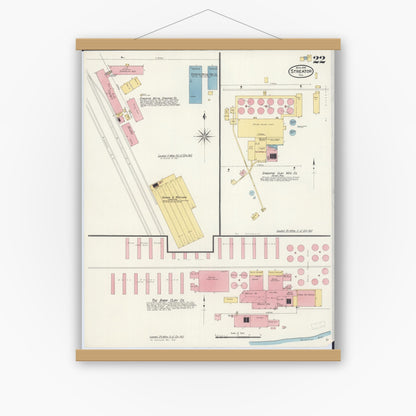 Old map wall art mockup — magnetic wood frame on white wall — Sanborn Fire Insurance Map from Streator, La Salle County, Illinois (1909), Sheet #0022