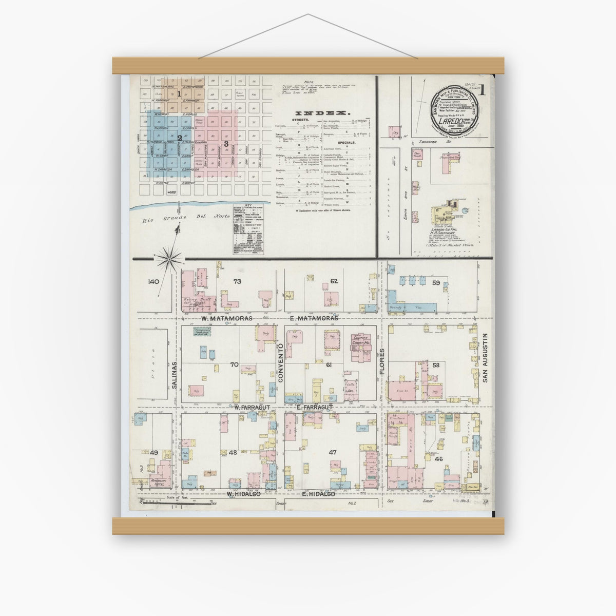 Old map wall art mockup — magnetic wood frame on white wall — Sanborn Fire Insurance Map from Laredo, Webb County, Texas (1889) - Complete Map Set
