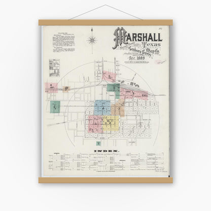 Old map wall art mockup — magnetic wood frame on white wall — Sanborn Fire Insurance Map from Marshall, Harrison County, Texas (1889), Sheet #0001