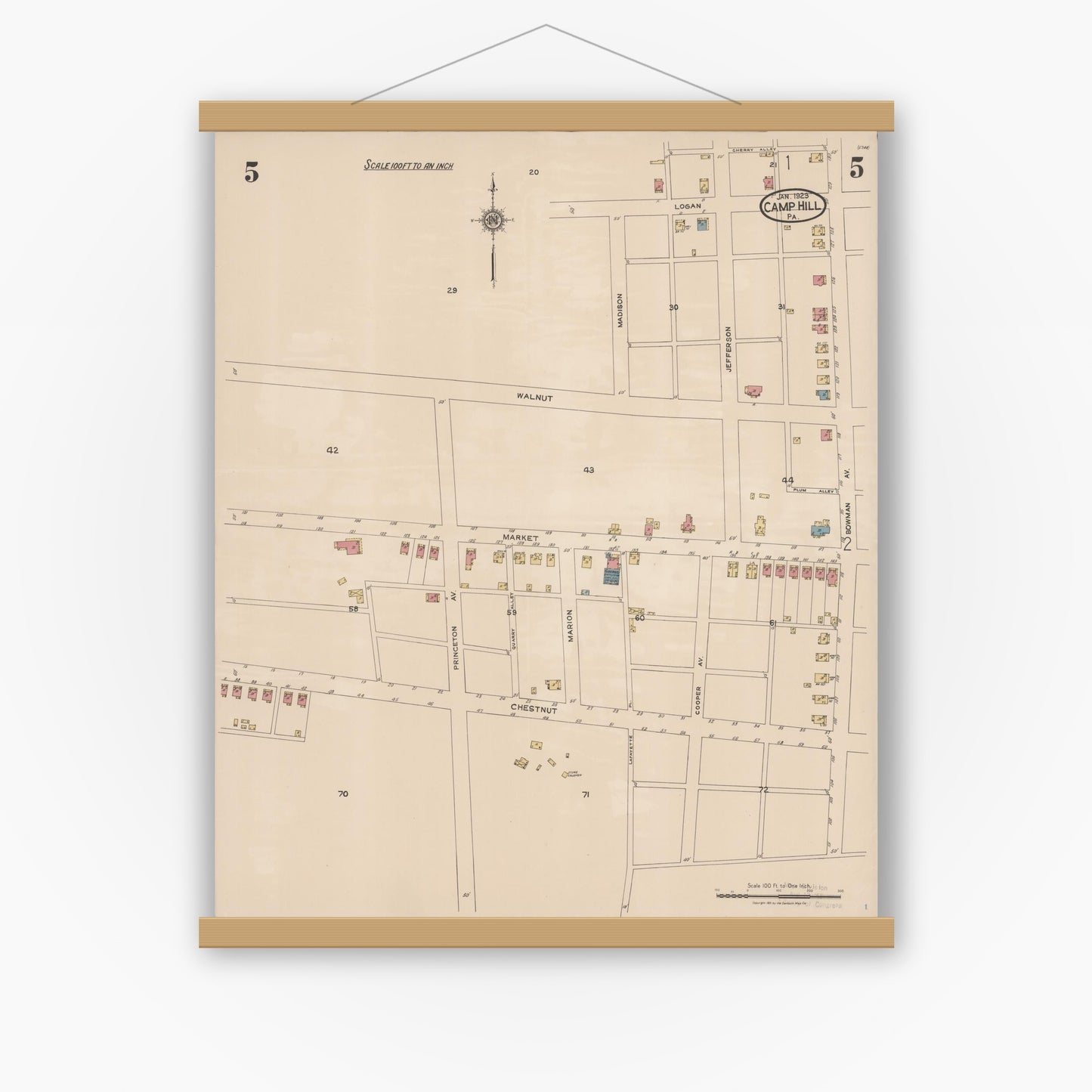 Old map wall art mockup — magnetic wood frame on white wall — Sanborn Fire Insurance Map from Camp Hill, Cumberland County, Pennsylvania (1923), Sheet #0005