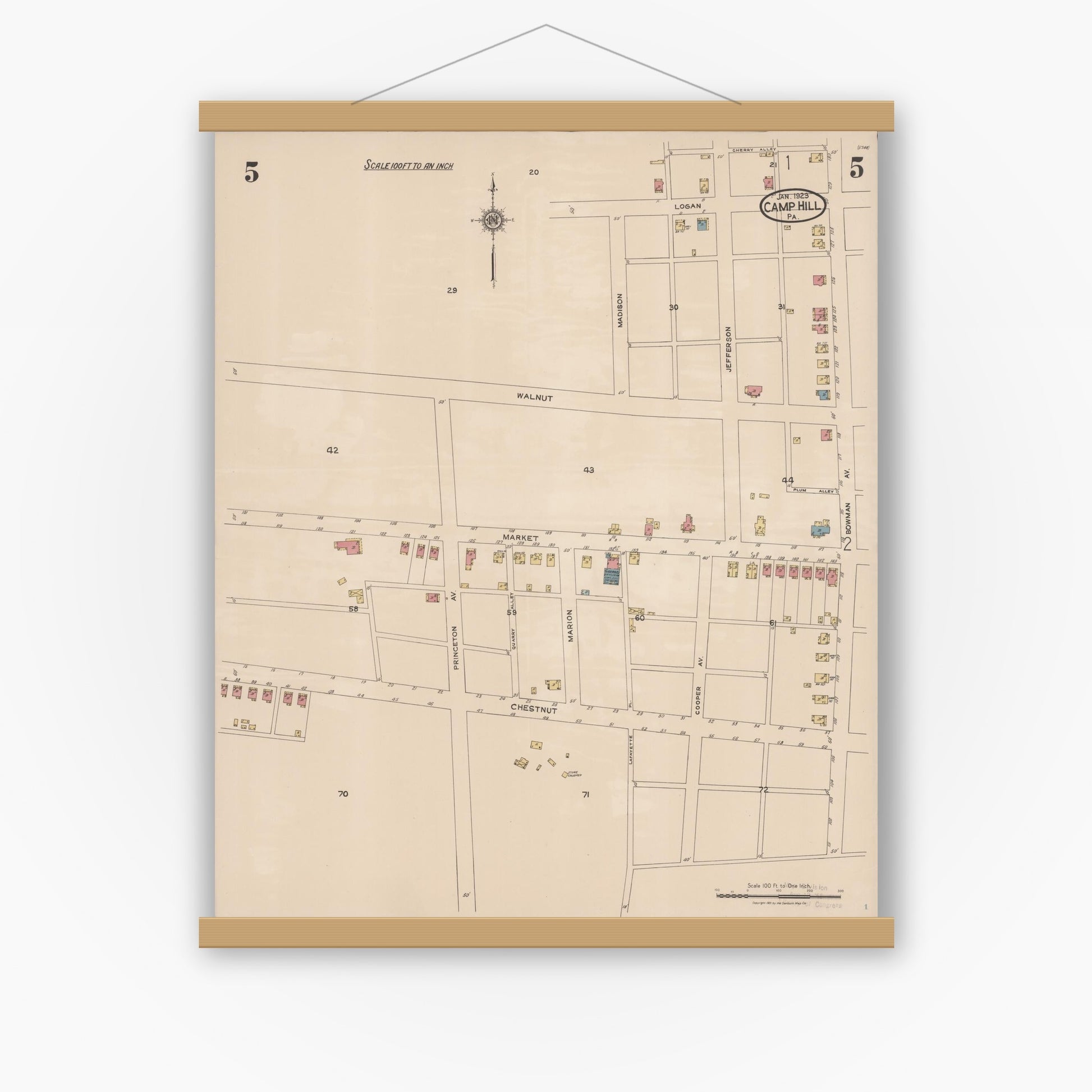 Old map wall art mockup — magnetic wood frame on white wall — Sanborn Fire Insurance Map from Camp Hill, Cumberland County, Pennsylvania (1923), Sheet #0005