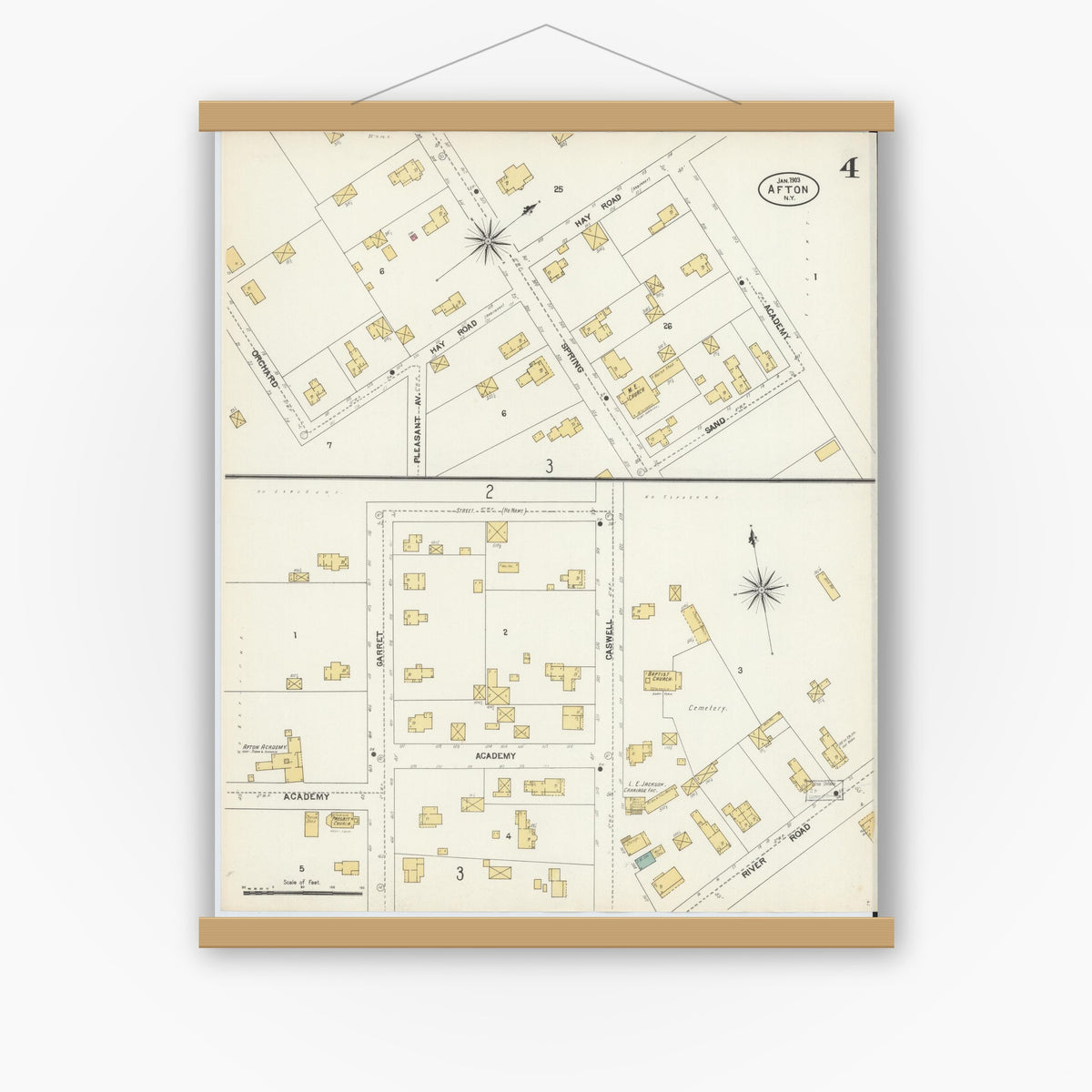 Old map wall art mockup — magnetic wood frame on white wall — Sanborn Fire Insurance Map from Afton, Chenango County, New York (1903), Sheet #0004