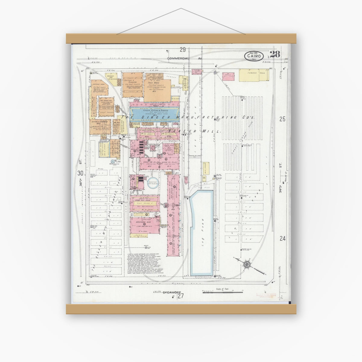 Old map wall art mockup — magnetic wood frame on white wall — Sanborn Fire Insurance Map from Cairo, Alexander County, Illinois (1914), Sheet #0028