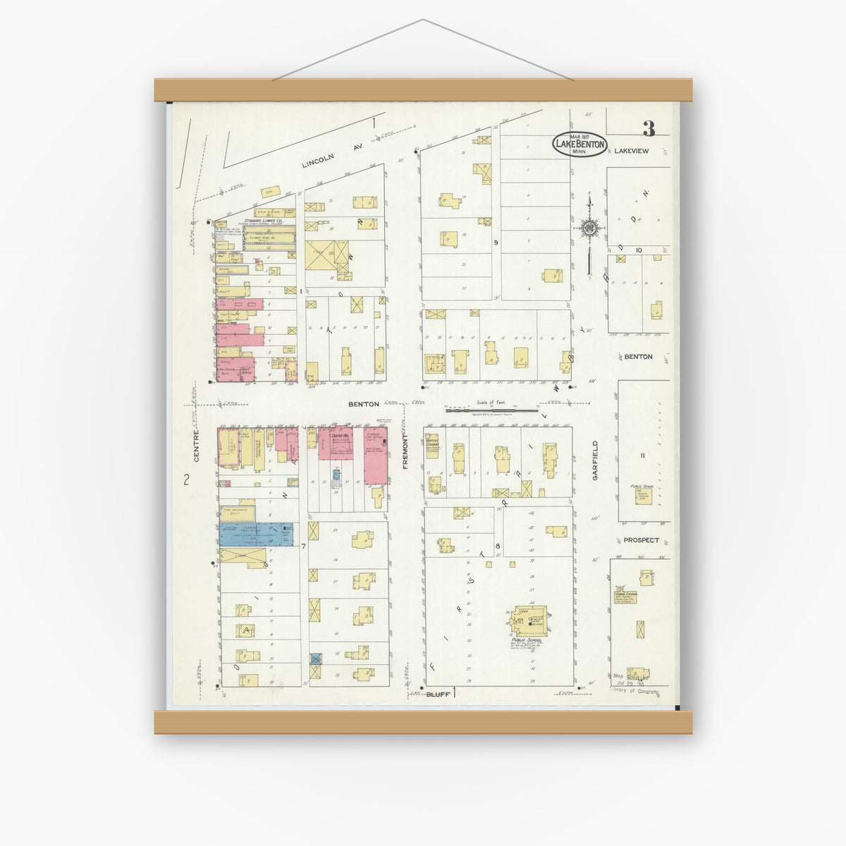 Old map wall art mockup — magnetic wood frame on white wall — Sanborn Fire Insurance Map from Lake Benton, Lincoln County, Minnesota (1917), Sheet #0003