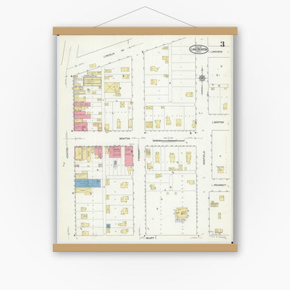 Old map wall art mockup — magnetic wood frame on white wall — Sanborn Fire Insurance Map from Lake Benton, Lincoln County, Minnesota (1917), Sheet #0003