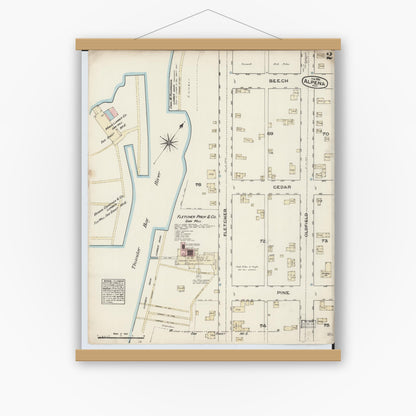 Old map wall art mockup — magnetic wood frame on white wall — Sanborn Fire Insurance Map from Alpena, Alpena County, Michigan (1884), Sheet #0002