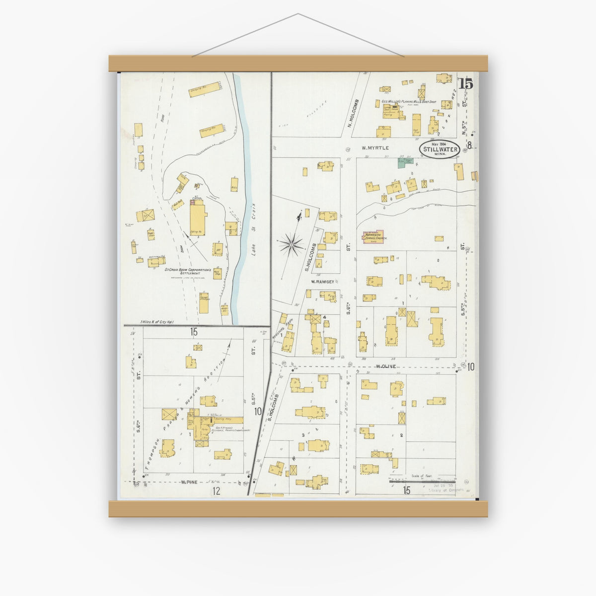 Old map wall art mockup — magnetic wood frame on white wall — Sanborn Fire Insurance Map from Stillwater, Washington County, Minnesota (1904), Sheet #0015
