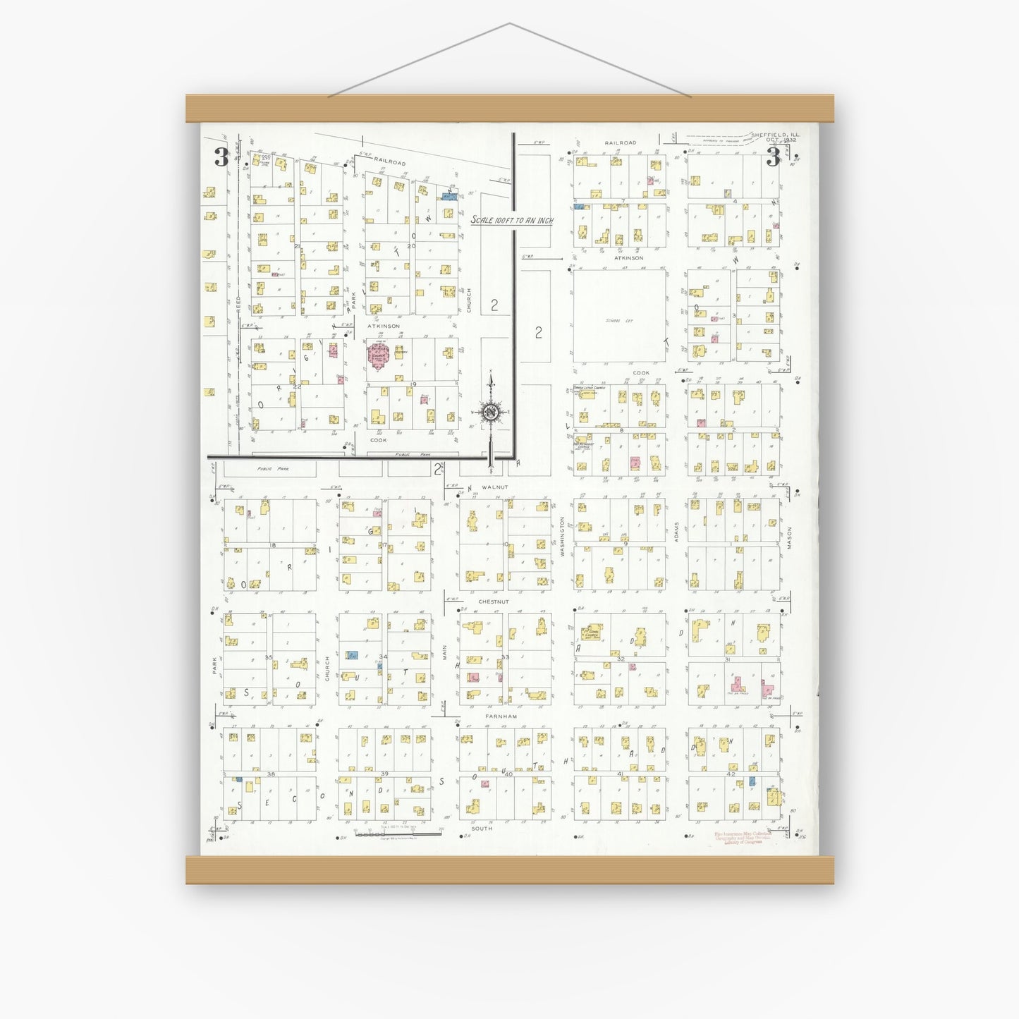 Old map wall art mockup — magnetic wood frame on white wall — Sanborn Fire Insurance Map from Sheffield, Bureau County, Illinois (1932), Sheet #0003