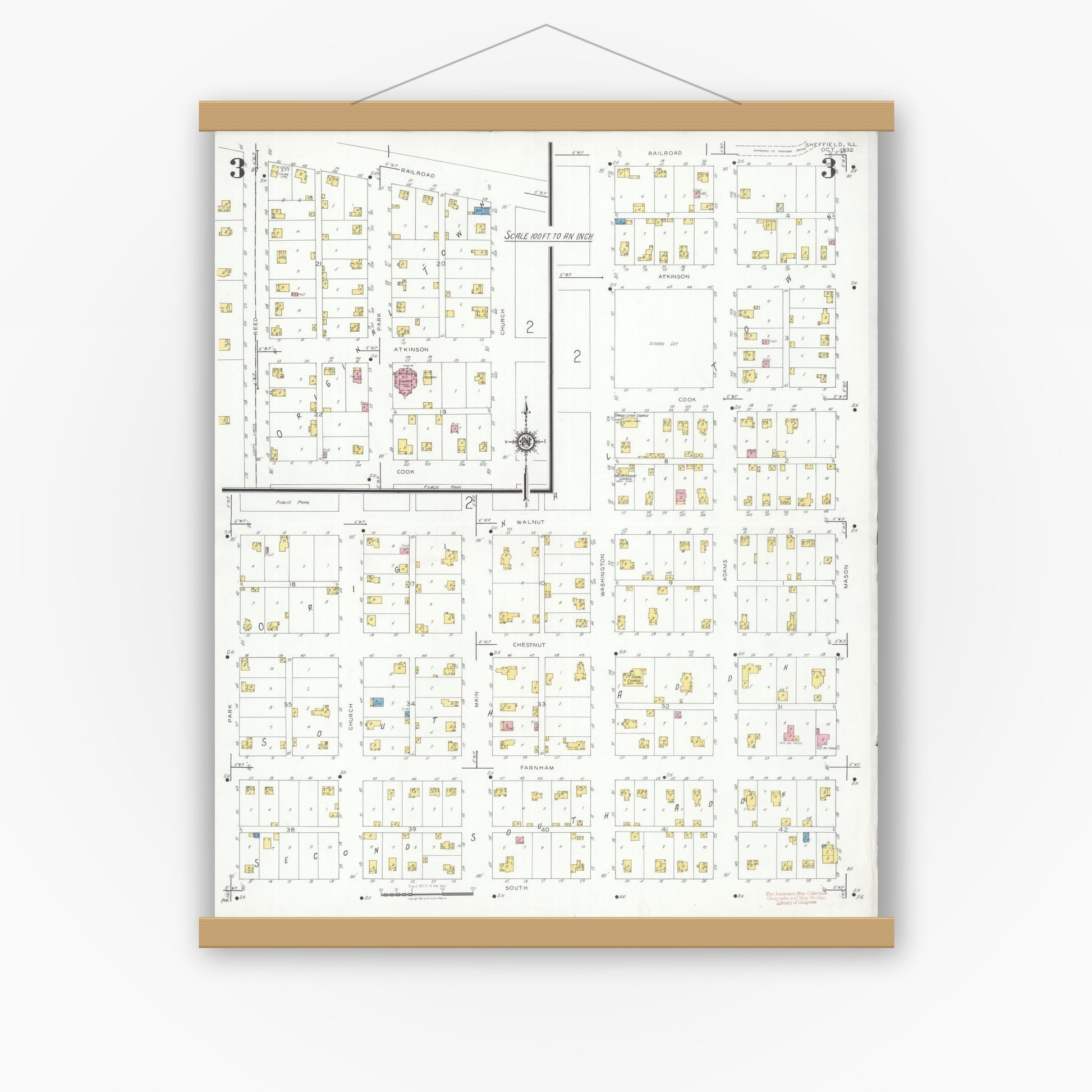 Old map wall art mockup — magnetic wood frame on white wall — Sanborn Fire Insurance Map from Sheffield, Bureau County, Illinois (1932), Sheet #0003