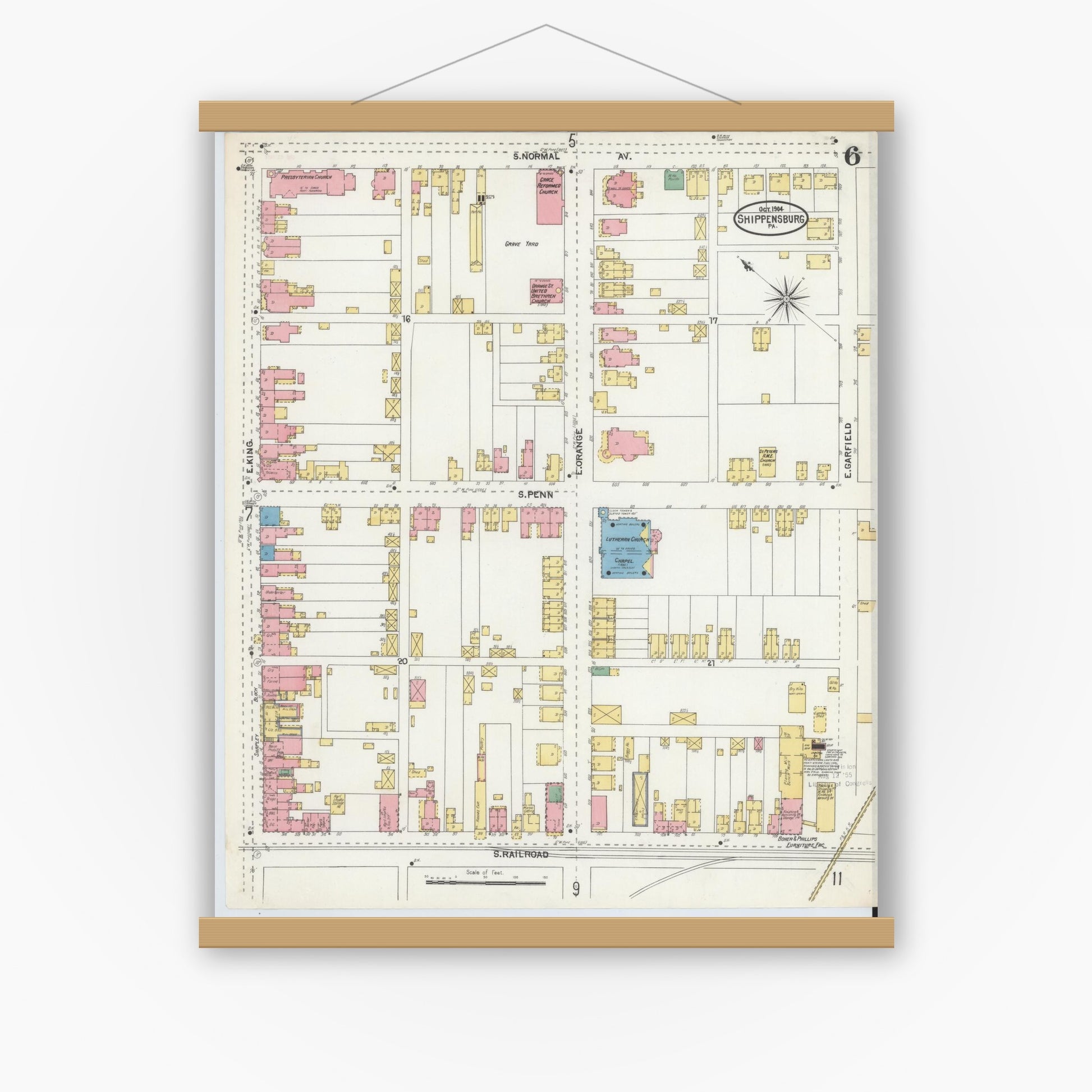 Old map wall art mockup — magnetic wood frame on white wall — Sanborn Fire Insurance Map from Shippensburg, Cumberland And Franklin Counties, Pennsylvania (1904), Sheet #0006
