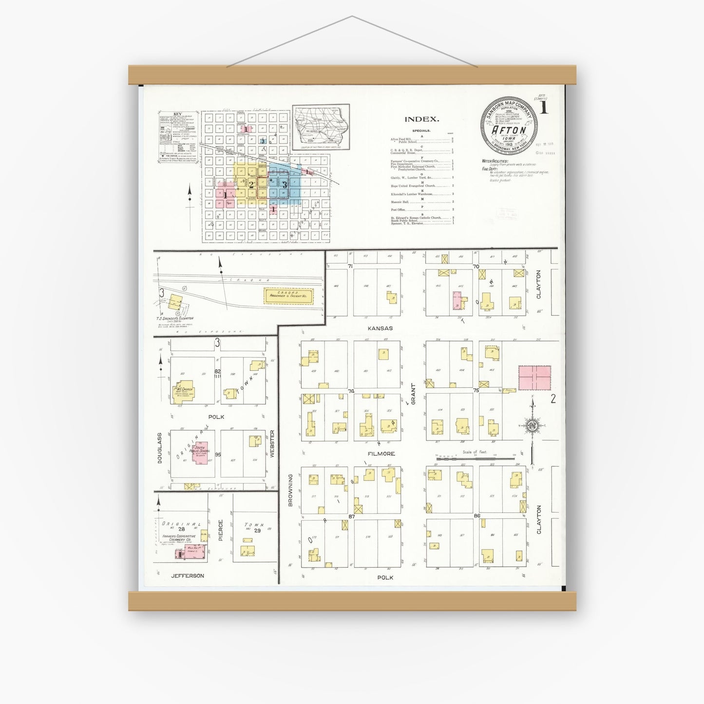 Old map wall art mockup — magnetic wood frame on white wall — Sanborn Fire Insurance Map from Afton, Union County, Iowa (1913) â€” Complete Set