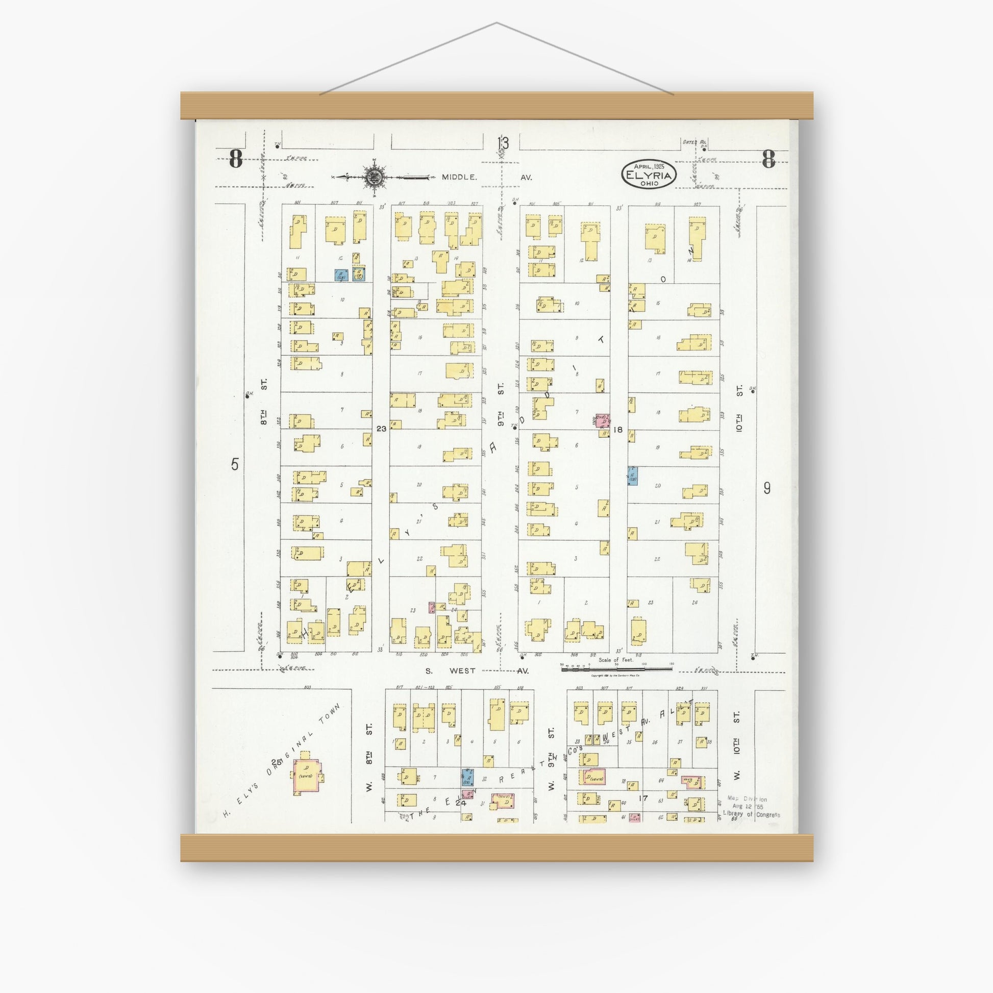 Old map wall art mockup — magnetic wood frame on white wall — Sanborn Fire Insurance Map from Elyria, Lorain County, Ohio (1925), Sheet #0008